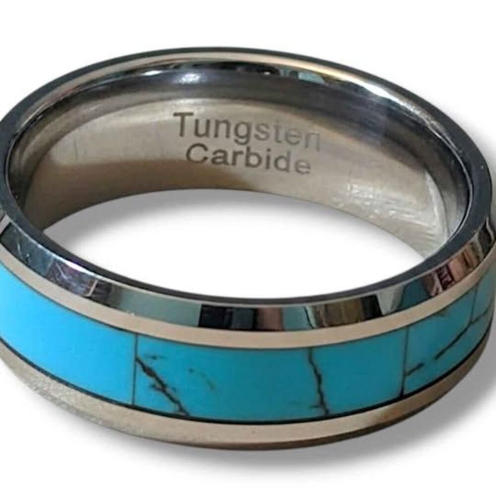 Natural Tungsten Carbide & Turquoise Men's Heavyweight Wedding Ring 11.5 (16g)
